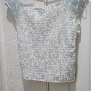 Self Esteem Sky Blue and Cream Smocked Blouse